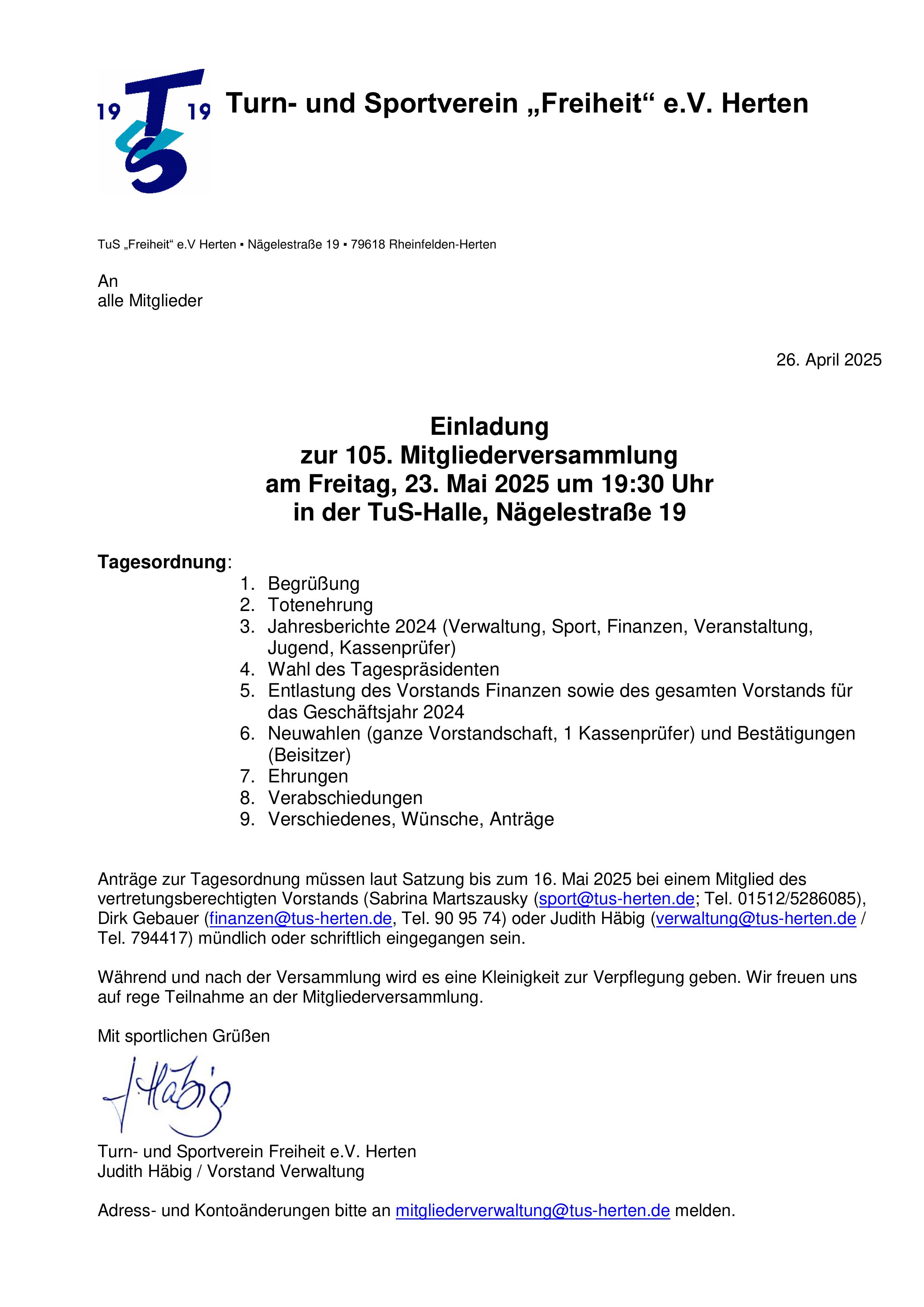 Einladung zur 105. Mitgliederversammlung