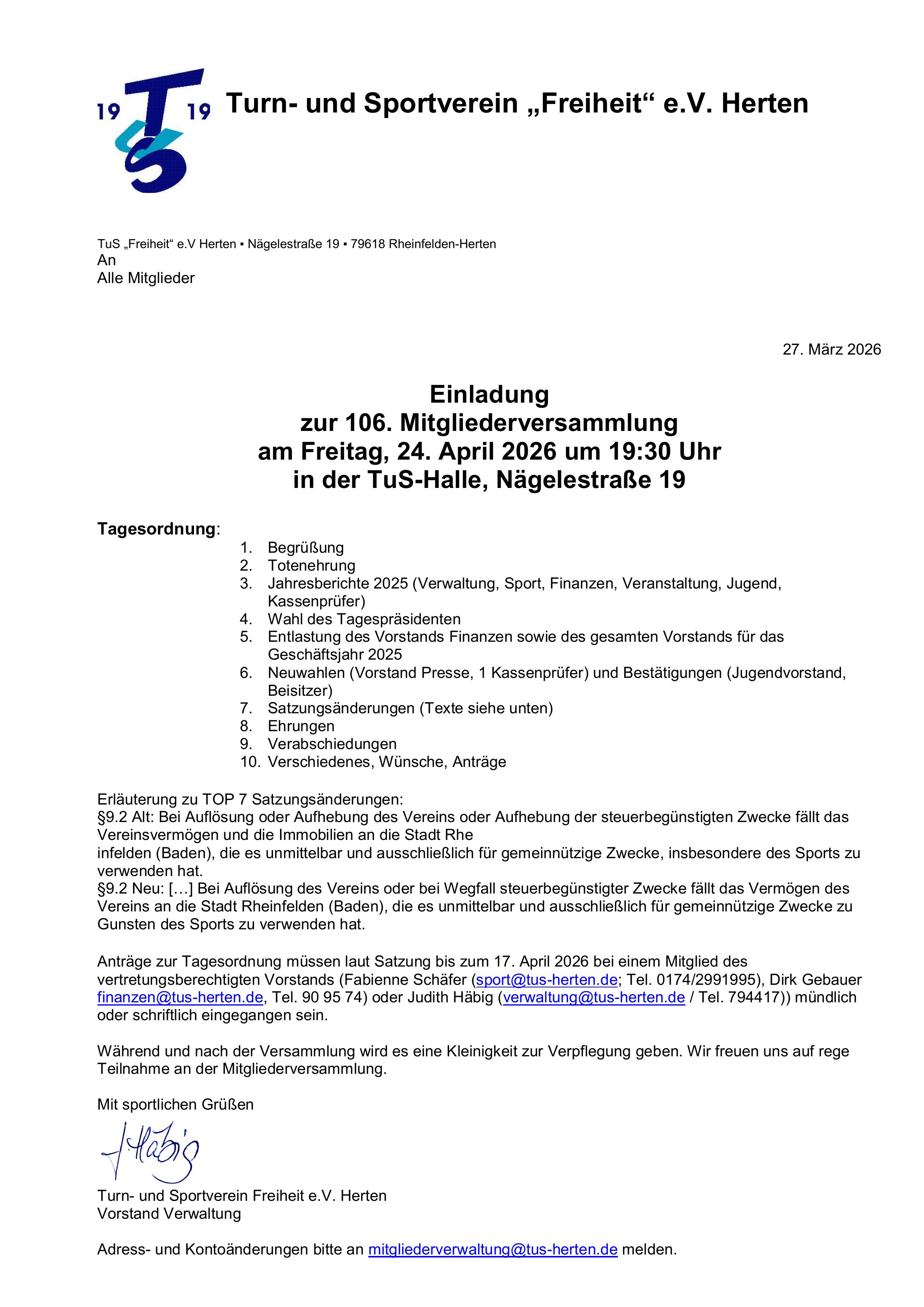 Einladung zur 106. Mitgliederversammlung